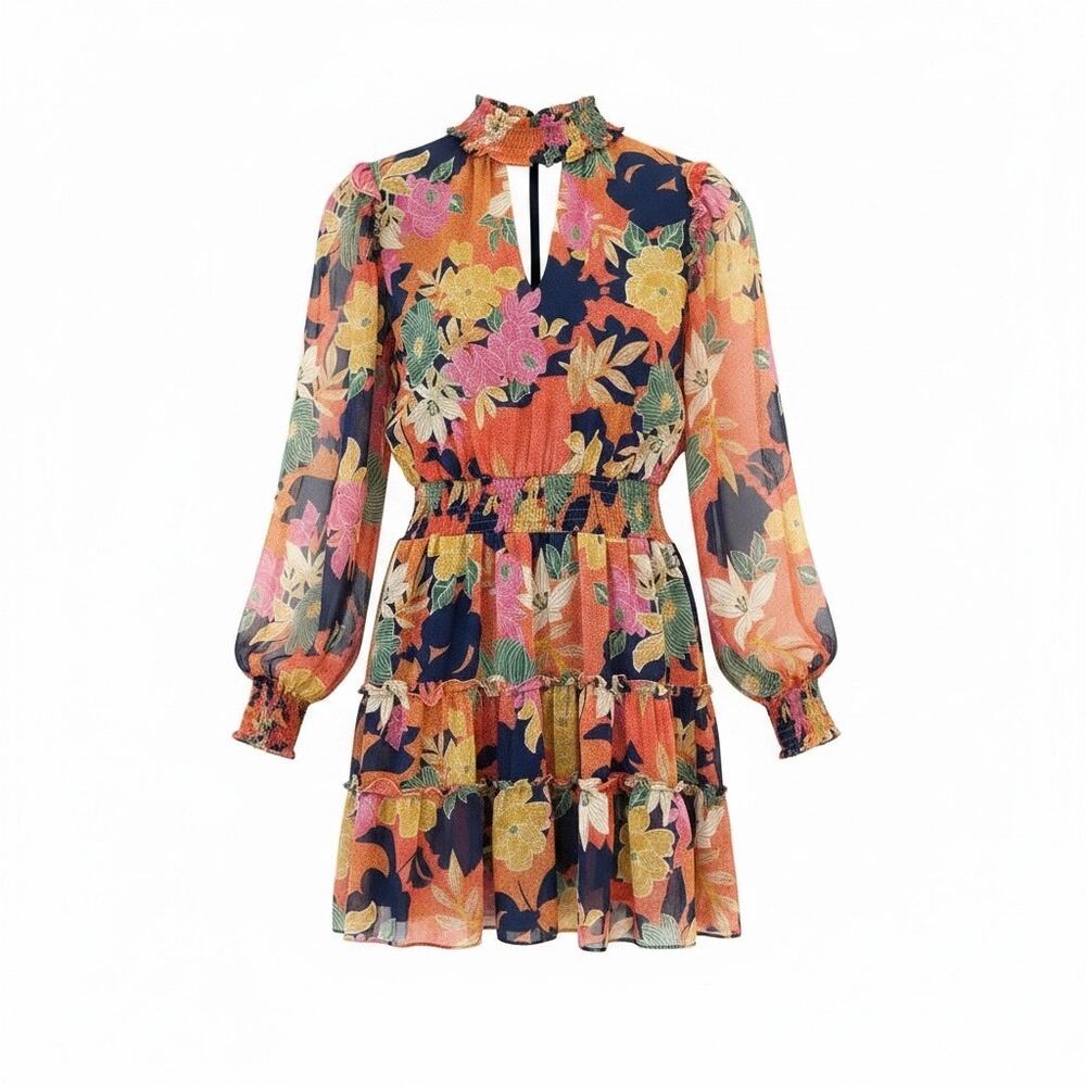 FATE Floral NWT Long Sleeve Smocked Waist Mini Dress Rust Fall Boho S - Picture 6 of 12